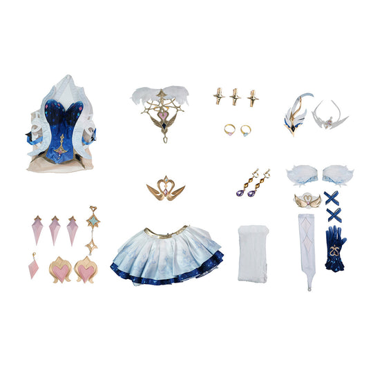 Genshin Impact Snezhnaya Odette cosplay costume set flat lay gathers the full blue and white outfit.