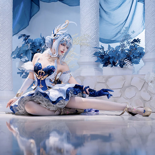Genshin Impact Snezhnaya Odette cosplay costume stretches one blue glove beside a layered white skirt.