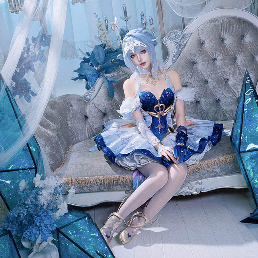 Genshin Impact Snezhnaya Odette cosplay costume sits neatly above pale tights and matching heeled shoes.