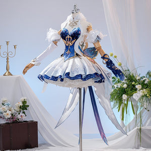 Genshin Impact Snezhnaya Odette cosplay costume angled view sets feather cuffs beside a flared ballet skirt.