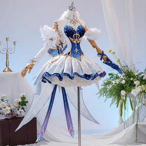 Genshin Impact Snezhnaya Odette cosplay costume front view lifts a blue bodice above winged white skirt panels.