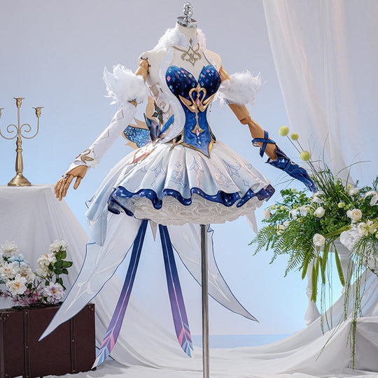 Genshin Impact Snezhnaya Odette cosplay costume front view lifts a blue bodice above winged white skirt panels.