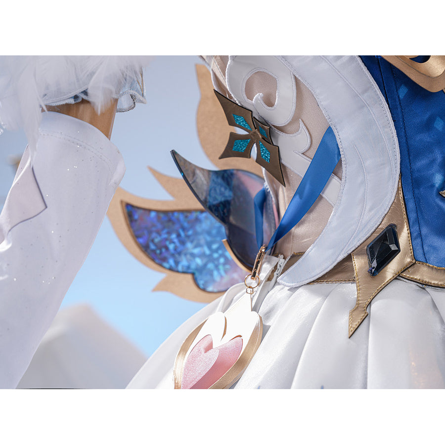 Genshin Impact Snezhnaya Odette cosplay side waist detail layers wing trim above a heart charm.