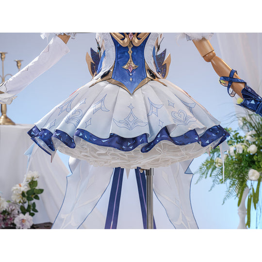 Genshin Impact Snezhnaya Odette cosplay skirt front view spreads layered white panels below the blue bodice.