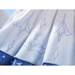 Genshin Impact Snezhnaya Odette cosplay skirt detail traces pale blue motifs across satin white panels.