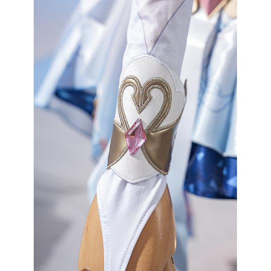 Genshin Impact Snezhnaya Odette cosplay sleeve trim detail sets a pink accent inside gold-tone curves.