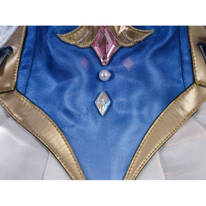 Genshin Impact Snezhnaya Odette cosplay waist detail anchors blue satin below a pink center accent.