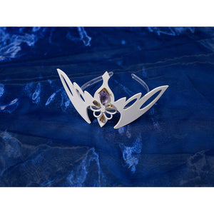 Genshin Impact Snezhnaya Odette cosplay white hairpiece flat lay spreads wing shapes around a pink center accent.