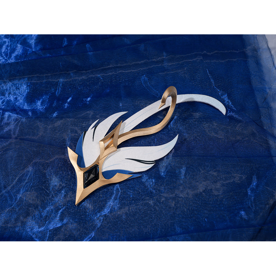 Genshin Impact Snezhnaya Odette cosplay wing hairpiece flat lay centers a white and gold-tone head accessory.