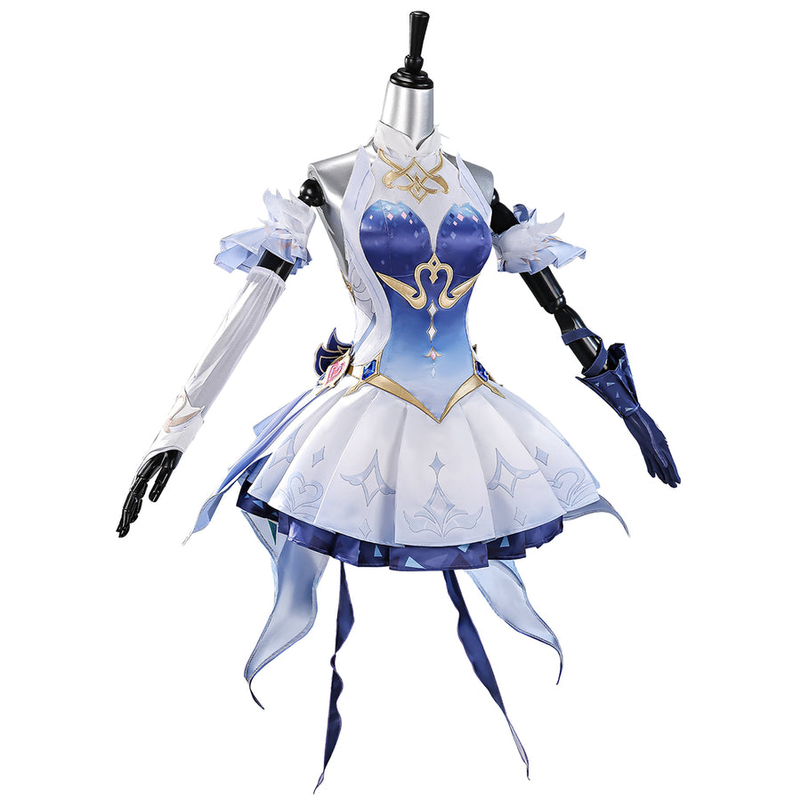 Genshin Impact Snezhnaya Odette cosplay costume angled view frames sheer side panels around the short skirt.
