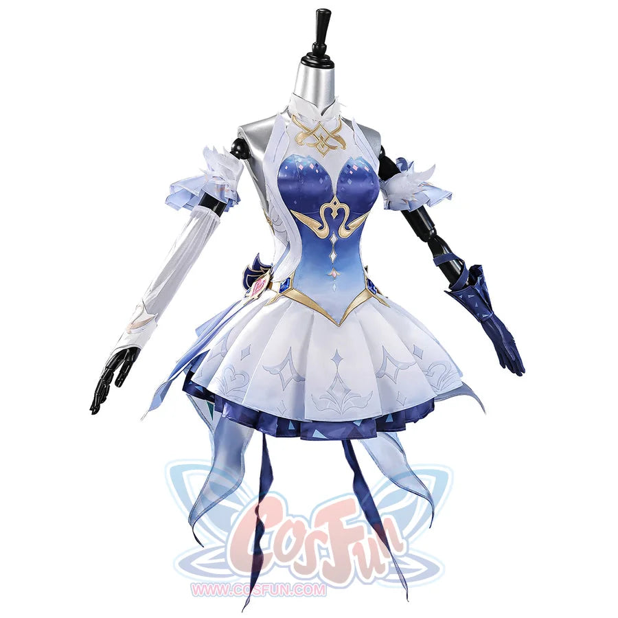 Genshin Impact Snezhnaya Odette cosplay costume angled view frames sheer side panels around the short skirt.