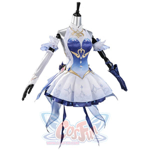 Genshin Impact Snezhnaya Odette cosplay costume angled view frames sheer side panels around the short skirt.