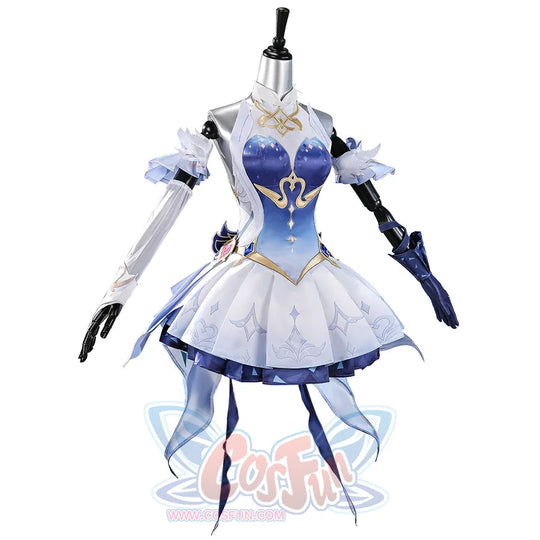 Genshin Impact Snezhnaya Odette cosplay costume angled view frames sheer side panels around the short skirt.