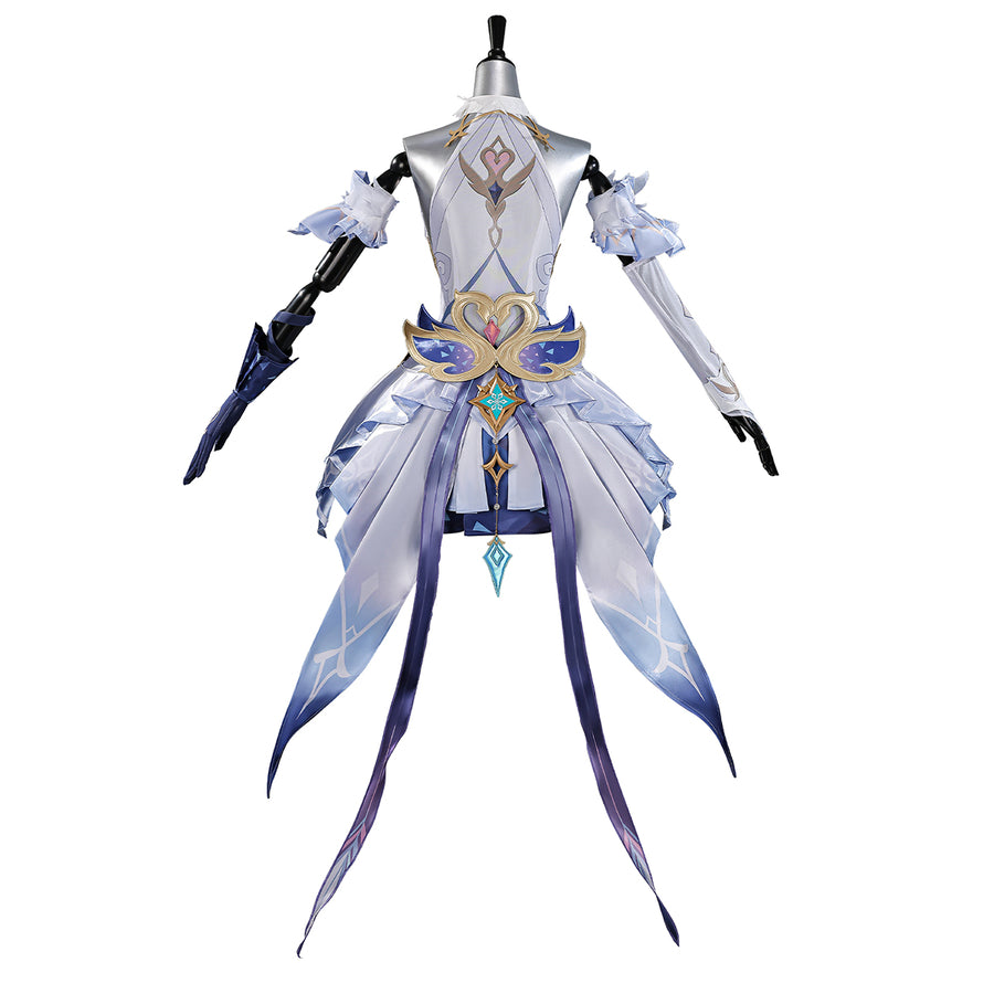 Genshin Impact Snezhnaya Odette cosplay costume back view spreads translucent skirt tails below the waist ornament.
