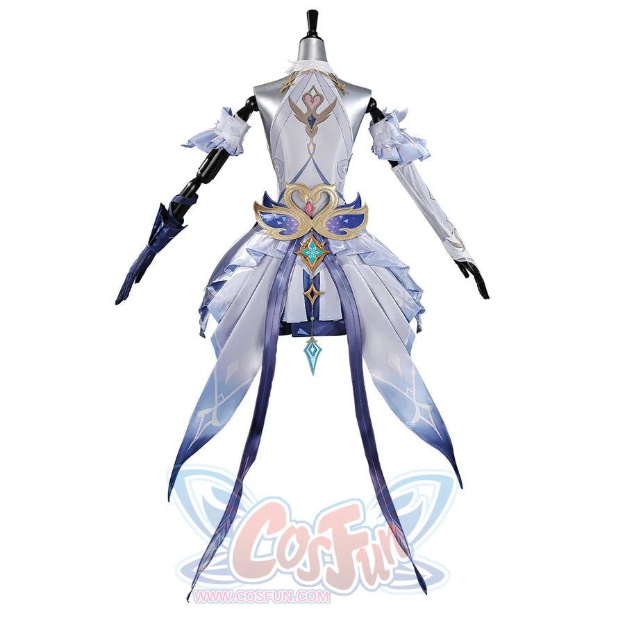 Genshin Impact Snezhnaya Odette cosplay costume back view spreads translucent skirt tails below the waist ornament.