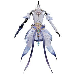 Genshin Impact Snezhnaya Odette cosplay costume back view spreads translucent skirt tails below the waist ornament.