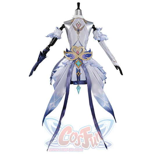 Genshin Impact Snezhnaya Odette cosplay costume back view spreads translucent skirt tails below the waist ornament.