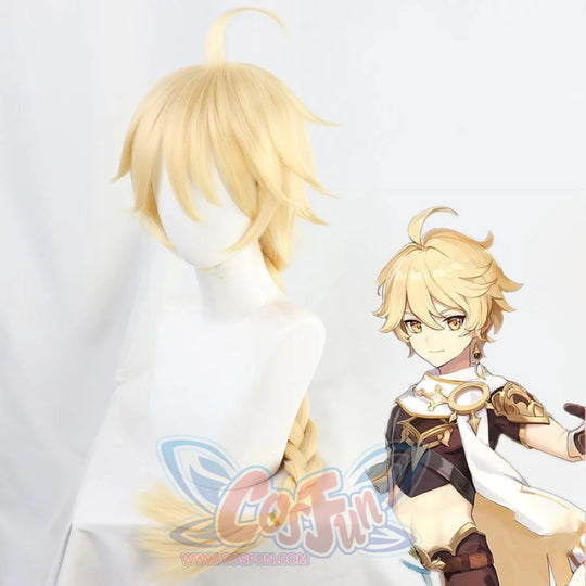 Genshin Impact Traveller Aether cosplay wig layers a short platinum blonde cut over a prominent cowlick and long braid.