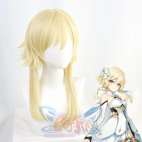 Genshin Impact Traveller Lumine cosplay wig drops a pale blonde long bob as front layers frame two side tendrils.