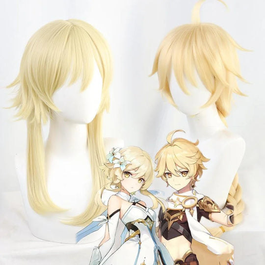 COSFUN Genshin Impact Traveller Aether Lumine cosplay wig pairs long blonde swept locks beside a short styled tuft.