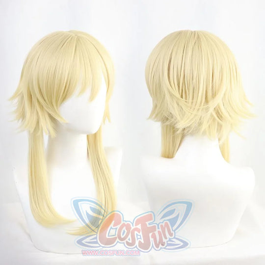 Genshin Impact Traveller Lumine cosplay wig anchors shoulder-length platinum blonde hair with two long thin front side.