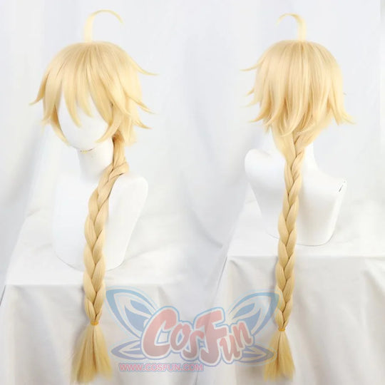 Genshin Impact Traveller Aether cosplay wig balances a curved top piece and long braid across front and back views.