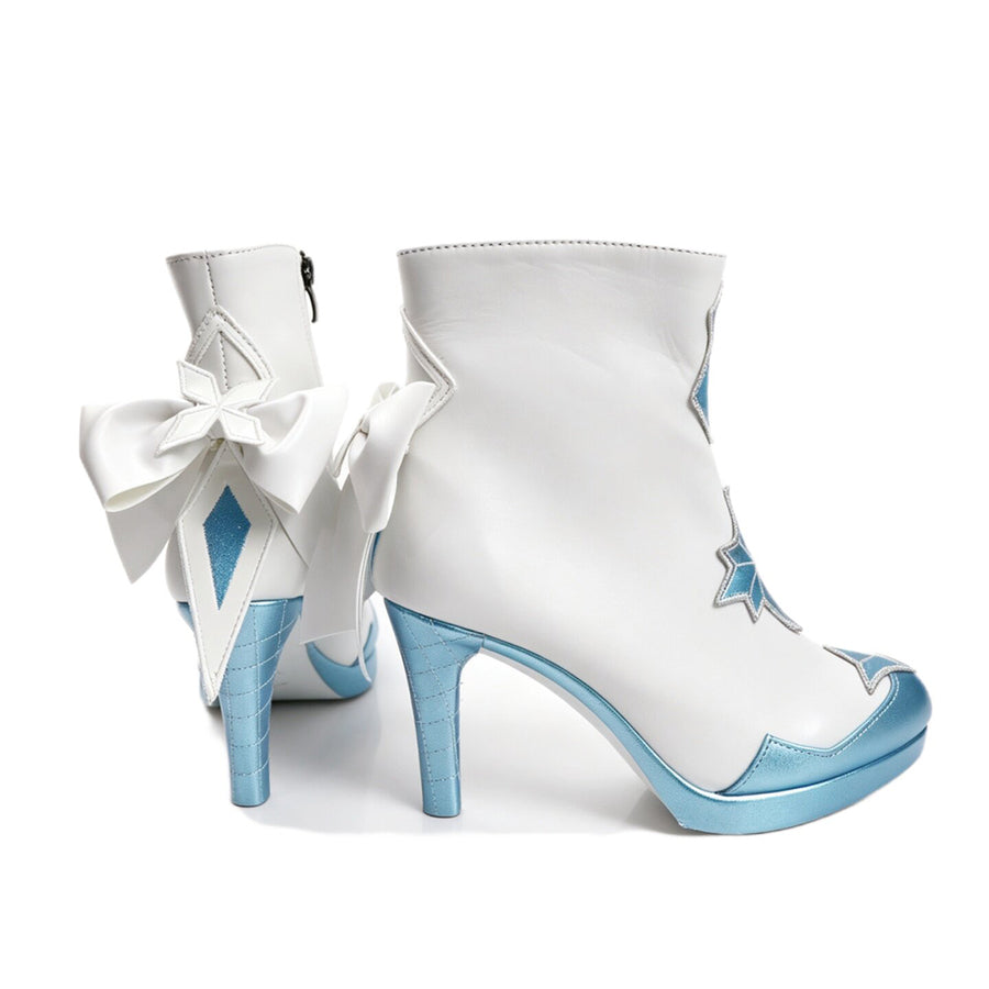 Genshin Impact Tsaritsa cosplay boots set white side bows behind metallic blue heels and star panels.