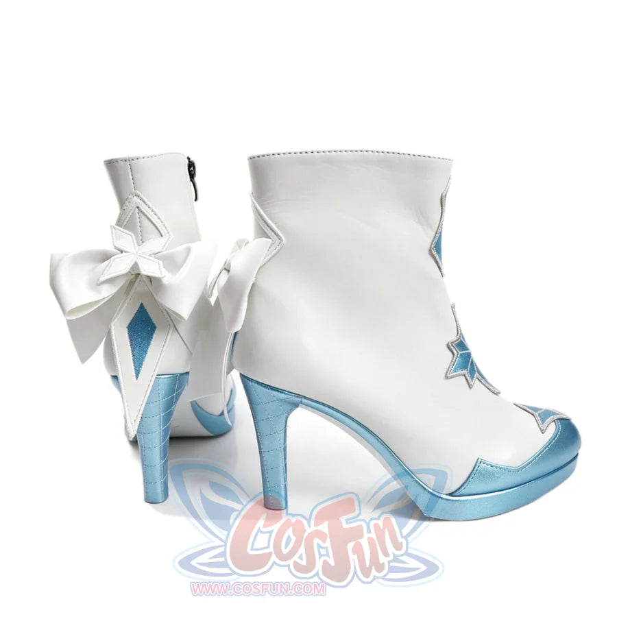 Genshin Impact Tsaritsa cosplay boots set white side bows behind metallic blue heels and star panels.