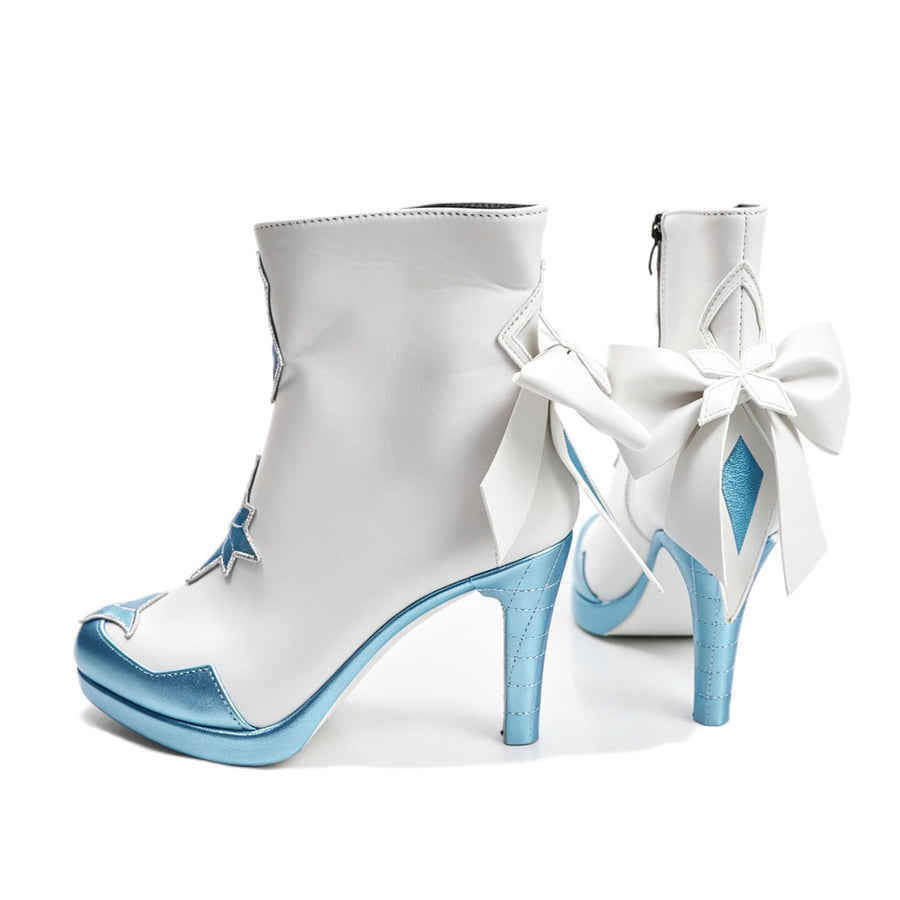 Genshin Impact Tsaritsa cosplay boots frame the rear bow details beside metallic blue heels and white ankle shafts.