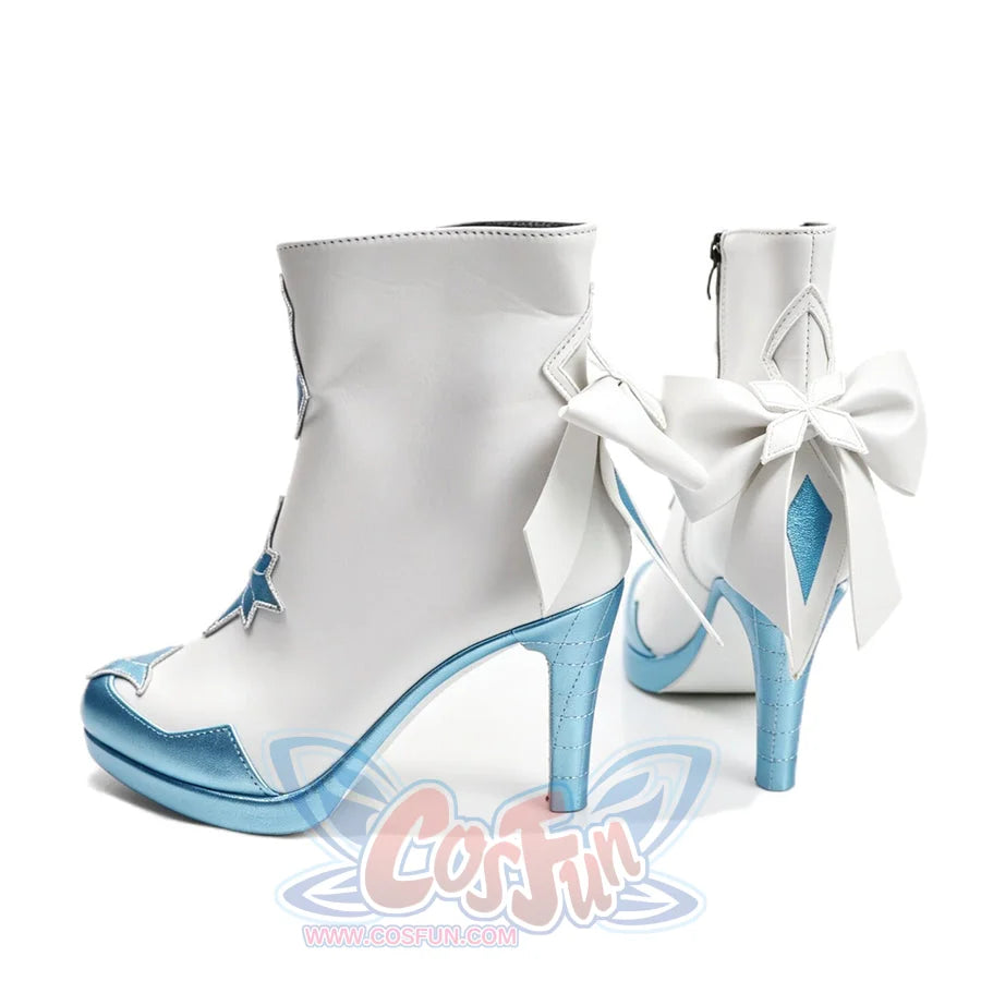 Genshin Impact Tsaritsa cosplay boots frame the rear bow details beside metallic blue heels and white ankle shafts.