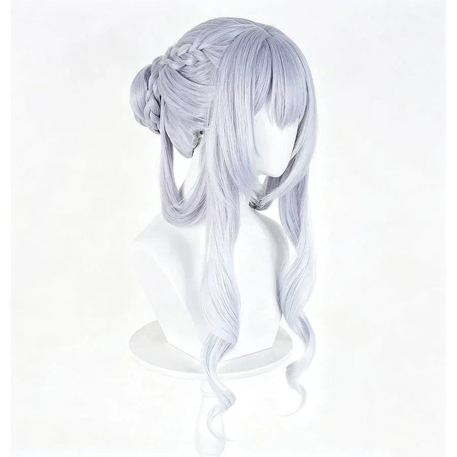 COSFUN Genshin Impact Tsaritsa cosplay wig in an angled view with long pale blue curls and a braided updo.