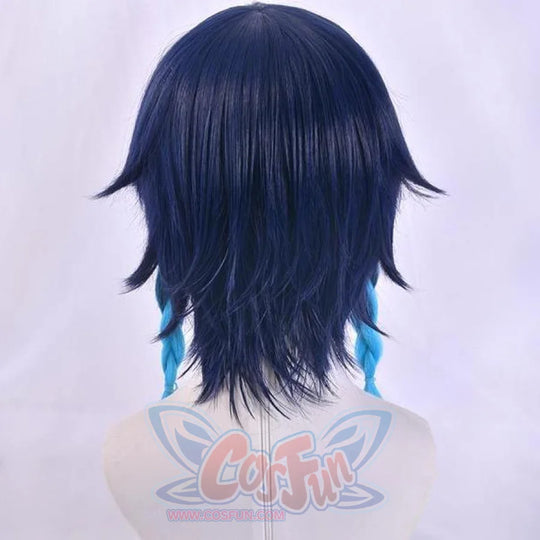 Genshin Impact Venti Barbatos cosplay wig layers a navy layered cut and frames two vivid blue braids seen from the back.