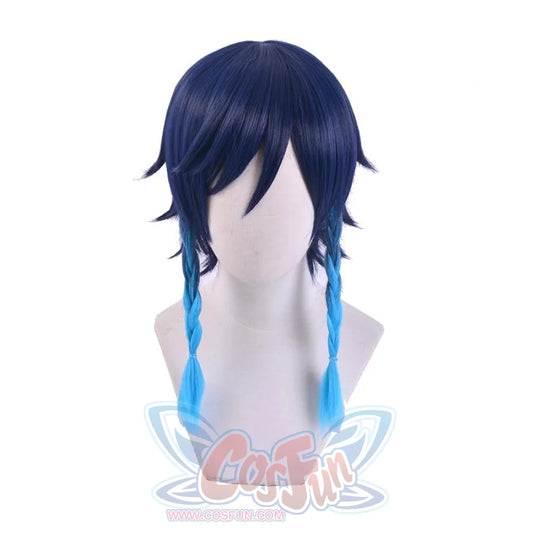 Genshin Impact Venti Barbatos cosplay wig balances face-framing bangs against two light teal braided pigtails.
