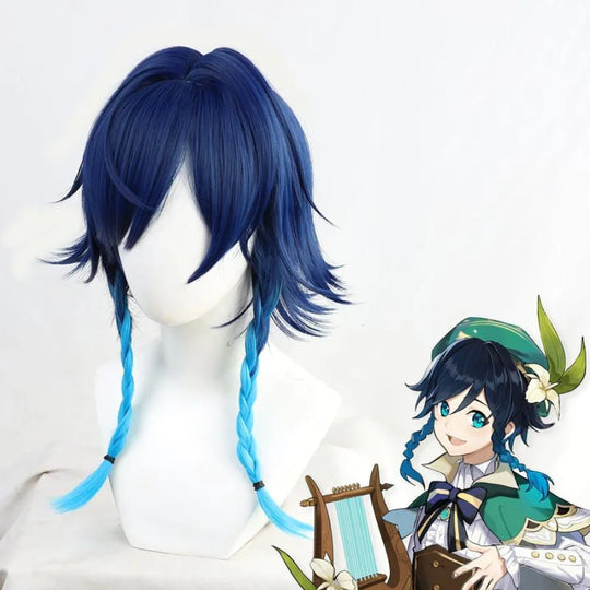 COSFUN Genshin Impact Venti Barbatos cosplay wig pairs messy bangs with twin braids tied by dark and light elastics.