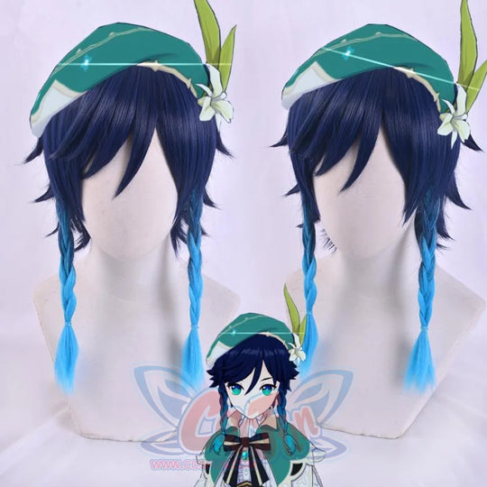 Genshin Impact Venti Barbatos cosplay wig pairs navy-to-light-blue gradient braids.