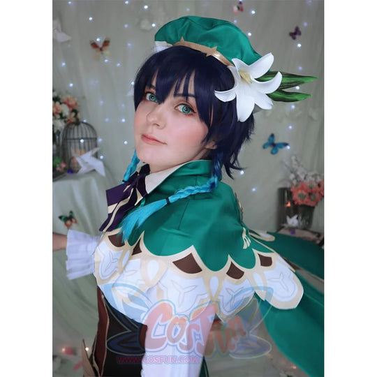 Genshin Impact Venti Barbatos cosplay hat centers a white lily on a gold-brimmed green beret paired.