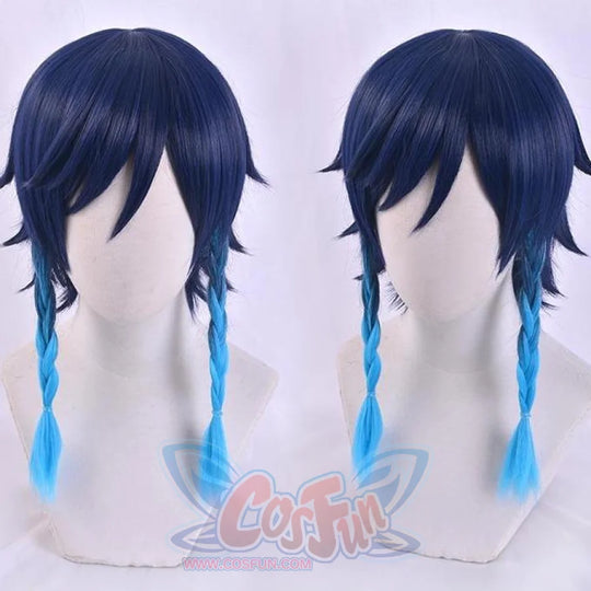 Genshin Impact Venti Barbatos cosplay wig anchors a dark navy bob cut with two integrated light blue braided strands.