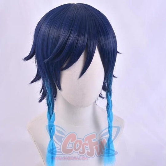Genshin Impact Venti Barbatos cosplay wig traces a choppy short cut as twin braids graduate into bright cyan tips.