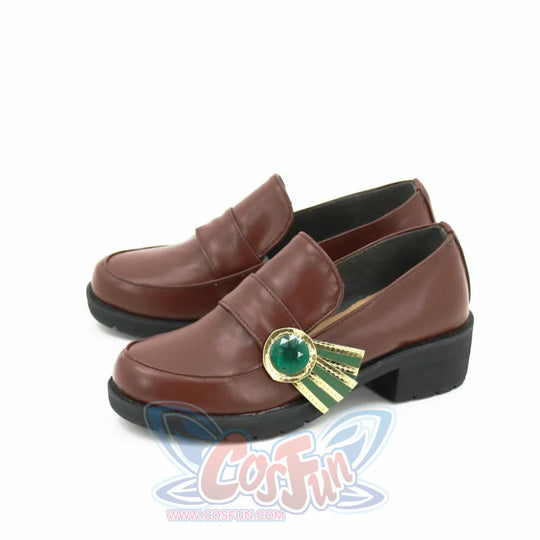 Genshin Impact Venti Barbatos cosplay shoes brown penny loafers, gold and green jeweled ornament balances one vamp.