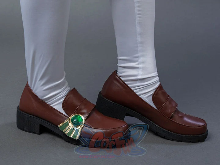 Genshin Impact Venti Barbatos cosplay shoes brown loafer, gold-rimmed green gem clip centers on the right shoe tongue.