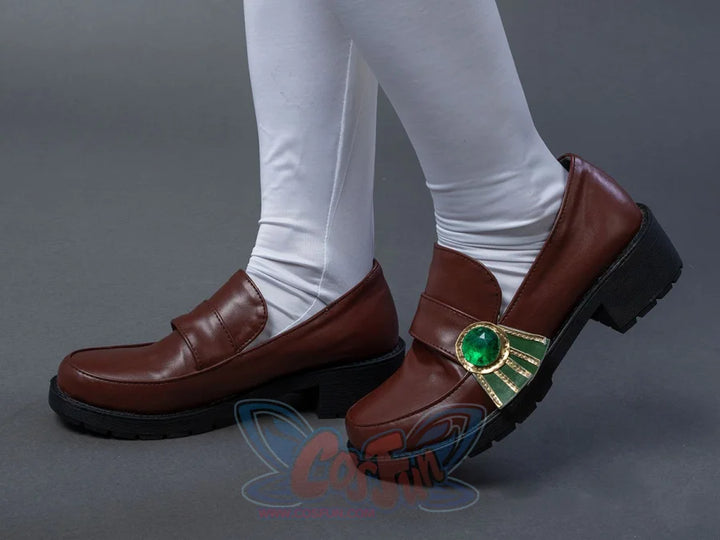Genshin Impact Venti Barbatos cosplay shoes pair side by side, gold and green jewel embellishment anchors one tongue.