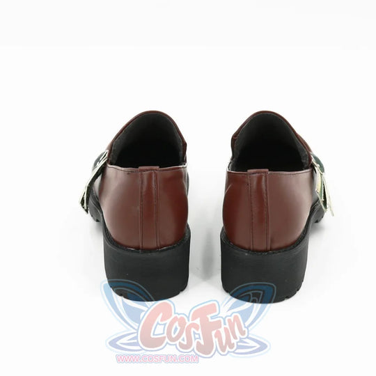 Genshin Impact Venti Barbatos cosplay shoes rear view, thick black rubber soles anchor green and silver upper accents.