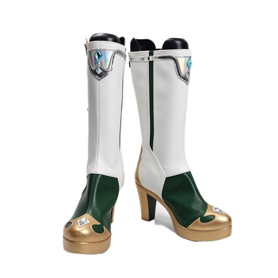 COSFUN Genshin Impact Vesna cosplay boots pair white shafts with green panels over gold-tone heels.