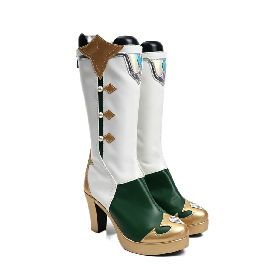 Genshin Impact Vesna cosplay boots set green vamps below white shafts and folded gold-tone side flaps.
