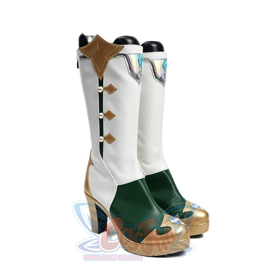 Genshin Impact Vesna cosplay boots set green vamps below white shafts and folded gold-tone side flaps.