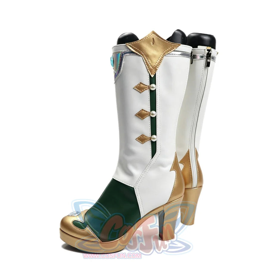Genshin Impact Vesna cosplay boots angle white shafts over green vamps beside gold-tone button tabs.