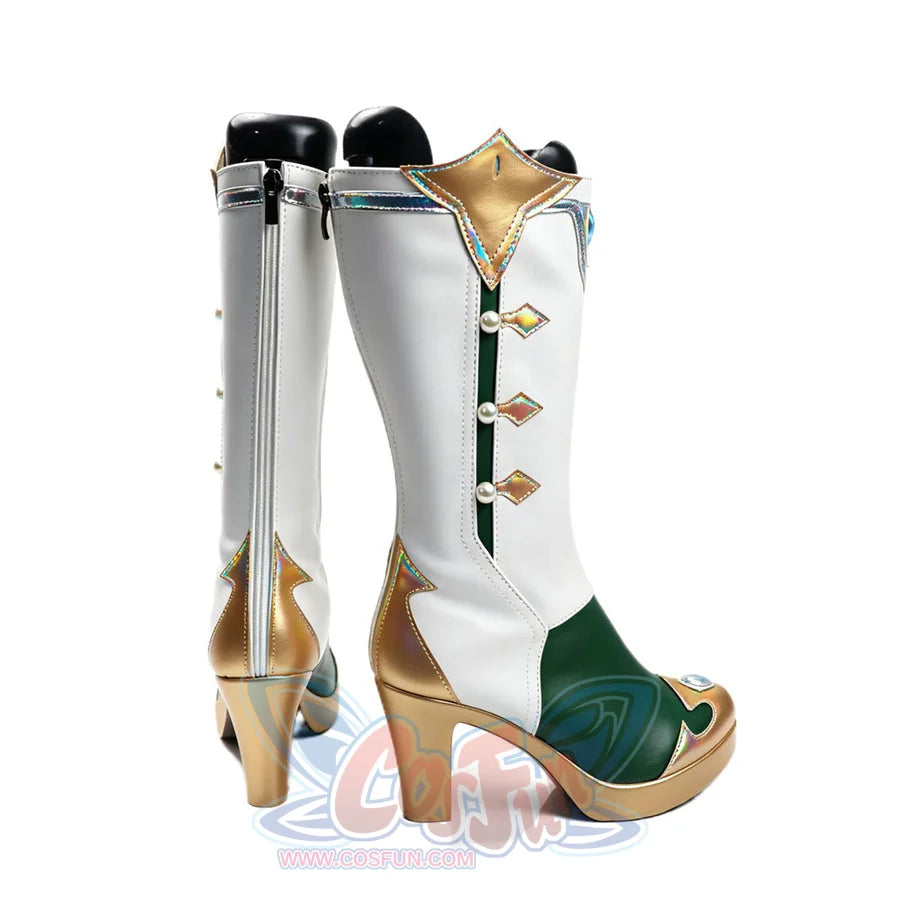 COSFUN Genshin Impact Vesna cosplay boots pair white shafts with green panels over gold-tone heels.