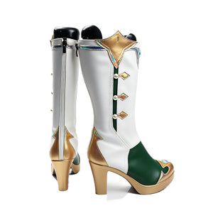 Genshin Impact Vesna cosplay boots angle the white side zipper against green panels and gold-tone heel caps.