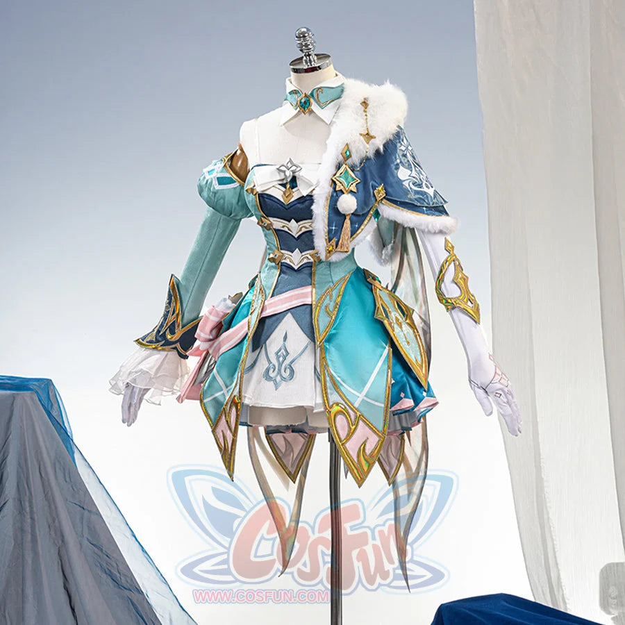 Genshin Impact Vesna cosplay costume angled view frames a fur-trimmed shawl above the teal skirt and pink side bow.