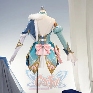 Genshin Impact Vesna cosplay costume back view anchors the white fur collar above a pink bow and teal skirt panels.